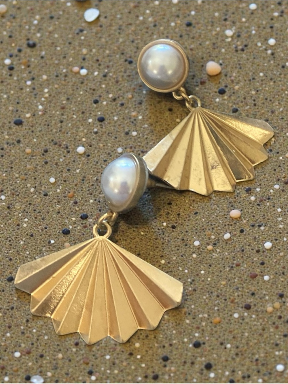 Gold Fan Drop Earrings with Pearl Accent - Women's Jewelry